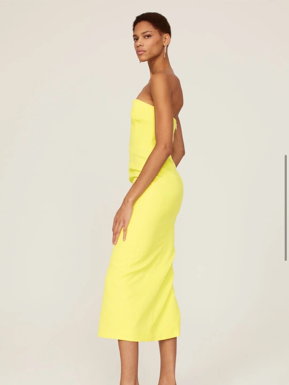 Bardot Revolve Eleni Strapless Yellow Midi Dress with Front Cutout Wedding Guest - Picture 3 of 9